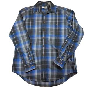 Vintage‎ Sears Roebuck and Co Mens Blue Grey Plaid Flannel Shirt Medium Tall MT